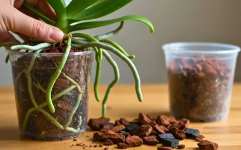 Maintenant, vous savez comment rempoter une orchidée. Les racines aériennes sont saines et prêtes pour un nouveau substrat.