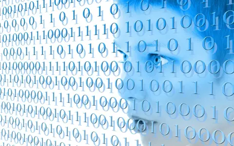 Twarz dziecka otoczona kodem binarnym, symbolizująca test uzależnienia od internetu.