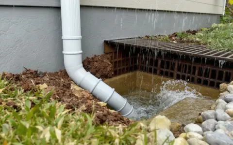 Un tuyau blanc dirige l'eau de pluie vers un drain. Le système d'évacuation eau pluviale fonctionne bien, empêchant l'eau de stagner près de la maison.