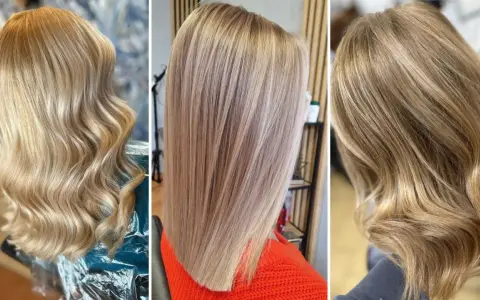 Trzy fryzury z pięknymi, ciemny blond włosami. Jedne falowane, drugie proste, trzecie lekko pofalowane.