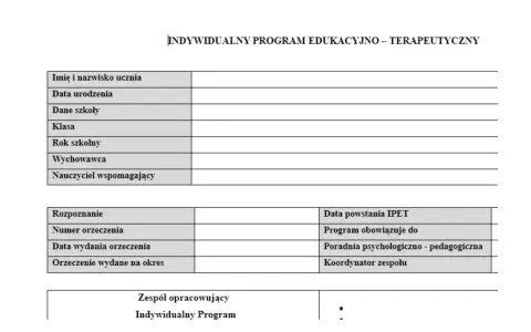 Formularz IPET dla ucznia ze zdiagnozowaną niepełnosprawnością intelektualną w stopniu lekkim, przeznaczony dla szkoły podstawowej.