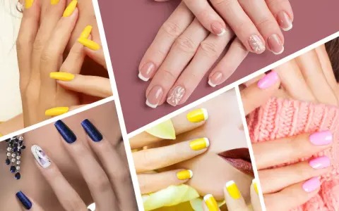 Un collage di mani con unghie colorate: giallo vivace, blu glitterato, rosa pastello e french manicure con decorazioni floreali.