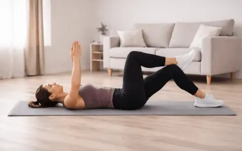 Femme effectuant un exercice de gainage dos sur un tapis, bras levés, dans un salon lumineux.