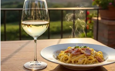 Pyszne spaghetti carbonara paruje, a obok kieliszek złocistego wina półwytrawnego. Idealny wieczór na tarasie.