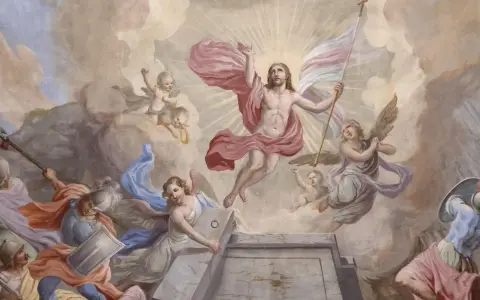 Auferstehung Christi, der Grund für Ostern. Engel und Soldaten sind Zeugen des glorreichen Aufstiegs.