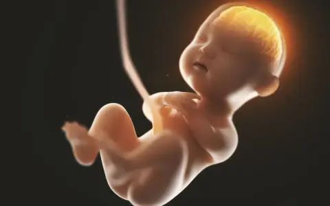 Płód w 5 miesiącu ciąży, z widocznym, świecącym mózgiem. Rozwój jest fascynujący.