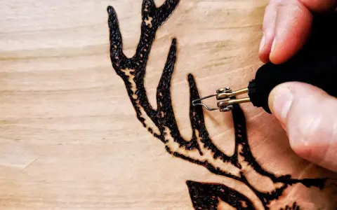 Dettaglio di un disegno a pirografia su legno: una mano guida le punte pirografo per creare le corna di un cervo.