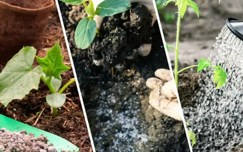 Sadzonki ogórków i pomidorów, ręce w rękawiczkach dodają nawóz do gleby. Domowy nawóz do ogórków zapewni im zdrowy wzrost.