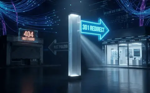 Un panneau lumineux "301 REDIRECT" pointe vers un magasin moderne, contrastant avec un bâtiment "404 NOT FOUND". Un plugin redirection WordPress pour guider les visiteurs.