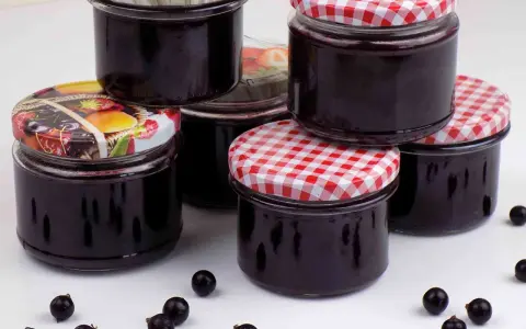 Słoiczki z domowym dżemem z czarnej porzeczki, gotowe na zimę. Kilka owoców czarnej porzeczki leży obok.