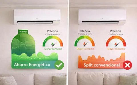 Comparativa de aire acondicionado: split inverter con menor consumo energético frente a split convencional de mayor consumo.
