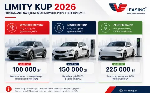 Porównanie limitów zakupu aut w 2026 r. dla pojazdów spalinowych, hybrydowych i elektrycznych.
