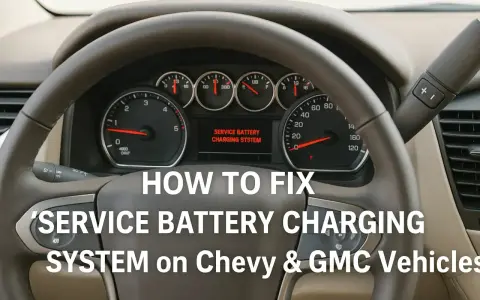 Dashboard of a Chevy/GMC vehicle showing a "SERVICE BATTERY CHARGING SYSTEM" warning light, with text overlay "HOW TO FIX SERVICE BATTERY CHARGING SYSTEM".