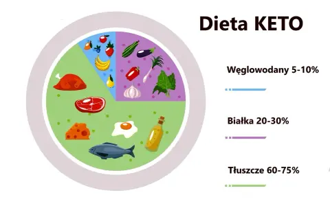 Grafika wyjaśnia, na czym polega dieta keto: wysoki udział tłuszczów (60-75%), umiarkowany białek (20-30%) i niski węglowodanów (5-10%).