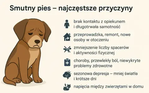 Smutny pies piszczy z wielu powodów: samotność, zmiany w otoczeniu, brak ruchu, ból, depresja czy konflikty z innymi zwierzętami.