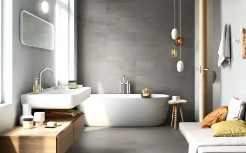 Elegante bagno grigio e beige con vasca freestanding, lavabo moderno e panca con cuscini colorati.