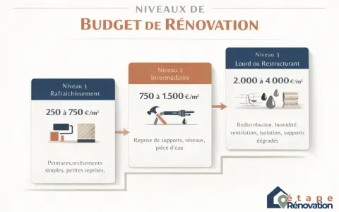 Simulation construction maison : 3 niveaux de budget de rénovation, du rafraîchissement à la restructuration lourde, avec coûts et exemples de travaux.