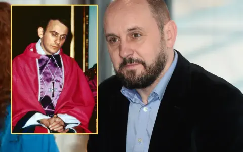 Kto grał Popiełuszkę? Na zdjęciu ks. Jerzy Popiełuszko w szatach liturgicznych i aktor Adam Woronowicz.