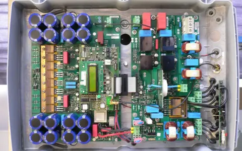 Wnętrze urządzenia elektronicznego z licznymi kondensatorami, cewkami i płytkami drukowanymi. To jest właśnie osd co to za technologia?