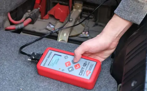 Ręka trzyma tester akumulatora DBT-12+, pokazujący 12.14V. To prosty sposób, jak sprawdzić akumulator w samochodzie.