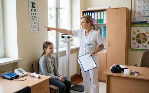 Pielęgniarka podczas indywidualnej praktyki pielęgniarskiej bada wzrok dziewczynki, wskazując na tablicę Snellena.