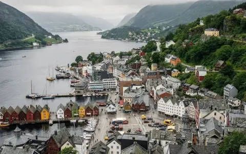 Il pittoresco porto di Bergen, con le sue case colorate affacciate sull'acqua e le colline verdi che fanno da sfondo.