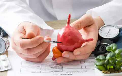 Lekarz omawia model pęcherza, wyjaśniając problemy związane z pęcherzem neurogennym. Obok leżą stetoskop i ciśnieniomierz.