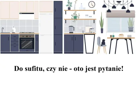 Nowoczesna kuchnia z ciemnogranatowymi szafkami i jasnymi frontami. Zastanawiasz się nad wymiarami szafek kuchennych wiszących?