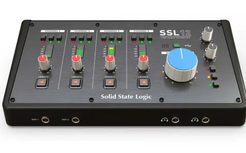 Solid State Logic SSL12, profesjonalny interfejs audio USB z czterema kanałami, pokrętłami Legacy i wskaźnikami poziomu.