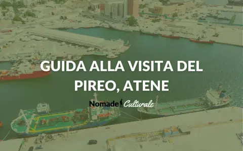 Vista aerea del porto di Atene, con navi attraccate e la scritta "Guida alla visita del Pireo, Atene".