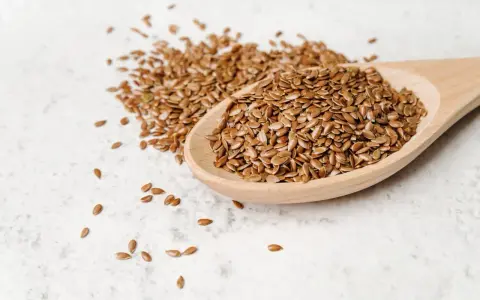 Łyżka pełna siemienia lnianego, idealnego dla zdrowia psa. Te małe nasionka to bogactwo kwasów omega-3.