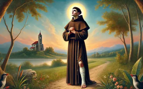 Młody mężczyzna w habicie, z raną na nodze, wznosi oczy ku niebu. W tle kościół i krajobraz. To jego modlitwa o cud.