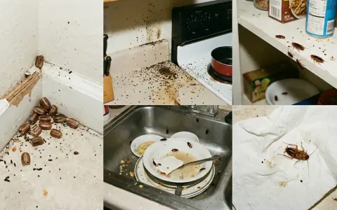 Una plaga de cucaracha oriental en casa. Se ven en esquinas, encimeras sucias, estantes y en un fregadero con platos sucios.