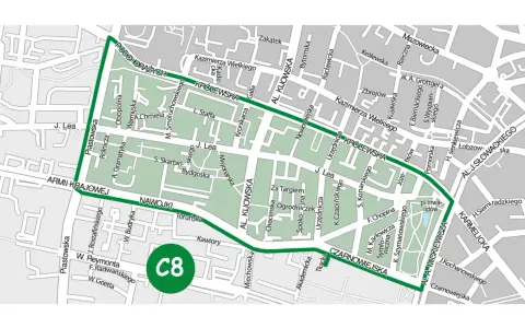 Mapa wyznacza krakowskie strefy parkingowe, w tym obszar C8.