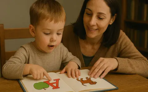 Mama uczy synka, jak nauczyć dziecko czytać, wskazując paluszkiem na literkę A i obrazek jabłka w książeczce.