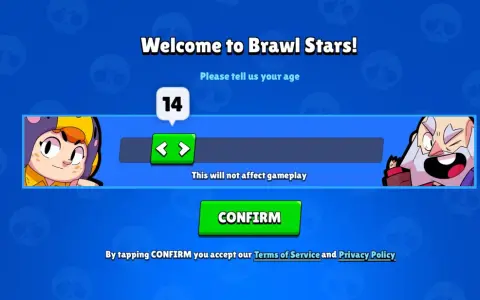 Pantalla de bienvenida de Brawl Stars pidiendo la edad, con la opción de 14 años seleccionada. La brawl stars edad recomendada se muestra para que el jugador la confirme.