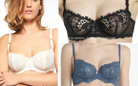 Modelli di reggiseno a balconcino in pizzo bianco, nero e blu.