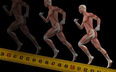 Anatomia biegu: jakie mięśnie pracują podczas biegania. Trzy sylwetki biegaczy ukazujące pracujące mięśnie, na tle miarki.