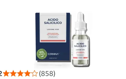 Lozione viso con acido salicilico, esfoliante BHA anti-imperfezioni, 0% alcool. Flacone con contagocce e scatola.