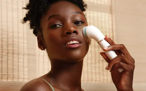 Donna con pelle scura usa un dispositivo per un trattamento esfoliante viso, per una pelle luminosa e pulita.