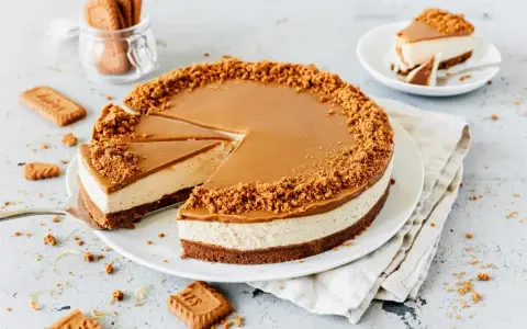 Ein köstlicher Lotus Cheesecake mit Karamellglasur und Keksbröseln. Ein Stück wurde bereits entnommen, daneben liegen weitere Kekse.