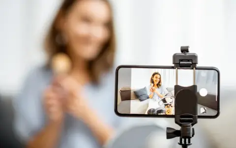 Kobieta nagrywa filmik telefonem komórkowym, trzymając pędzel do makijażu.