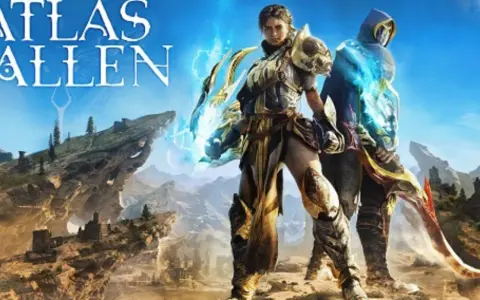 Dos guerreros, uno con armadura dorada y otro encapuchado, se alzan en un paisaje árido y montañoso. El título "Atlas Fallen" flota en el cielo azul.