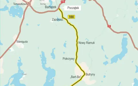 Mapa z zaznaczonymi trasami rowerowymi w okolicach Olsztyna. Widoczne miejscowości: Bartążek, Zazdrość, Nowy Ramuk, Pokrzywy, Butryny.