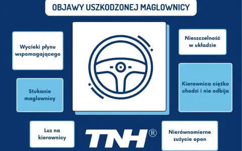 Objawy uszkodzonej maglownicy: wycieki płynu, stukanie, luz na kierownicy, nieszczelność układu, ciężko chodząca kierownica, nierównomierne zużycie opon.