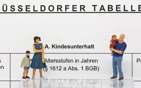 Düsseldorfer Tabelle: Was passiert, wenn ich keinen Unterhalt zahlen kann? Figuren stellen Familie dar, die sich mit Kindesunterhalt befasst.