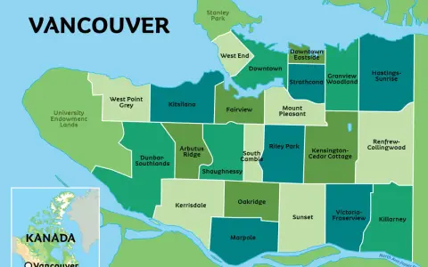 Mapa pokazuje gdzie leży Vancouver w Kanadzie, z podziałem na dzielnice: Downtown, Kitsilano, Stanley Park i inne.