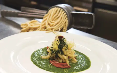 Pasta fresca fatta a mano su crema di verdure, un'idea su cosa mangiare a San Marino per un'esperienza culinaria autentica.