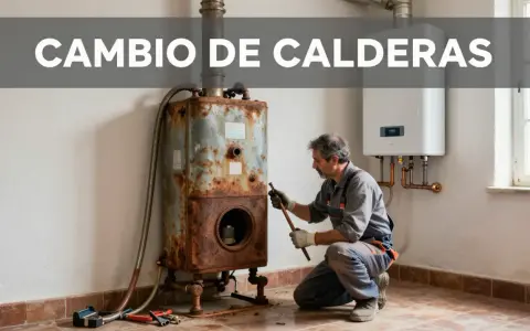 Un técnico evalúa una caldera vieja y oxidada junto a una nueva. Averigua cuanto cuesta cambiar una caldera de gas.
