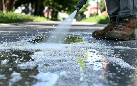 Dysza myjki ciśnieniowej spryskuje wodą i pianą chodnik, widać buty użytkownika.